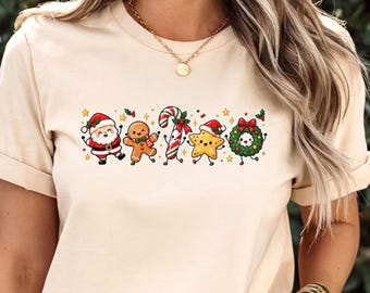 Camiseta con personajes navideños, camiseta con estampado de Papá Noel, galleta de jengibre y bastón de caramelo, sudadera navideña con estrella y corona, regalo navideño para ella.