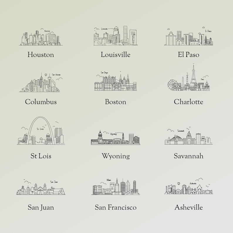 May include: A collection of black and white line art illustrations of city skylines, including Houston, Louisville, El Paso, Columbus, Boston, Charlotte, St. Louis, Wyoming, Savannah, San Juan, San Francisco, and Asheville. Each skyline is labeled.