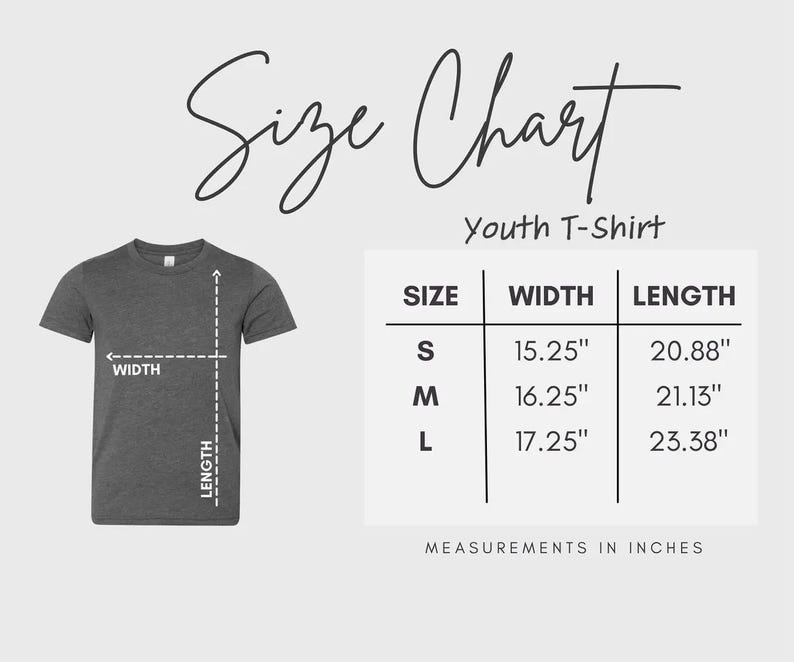 the size chart for a youth's t - shirt