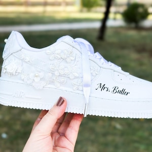 Personalized Air force Bridal Shoes, Embroidered Bride Sneakers, Custom White Pearls Wedding Gifts, Gift for Women, gift for Bride air force