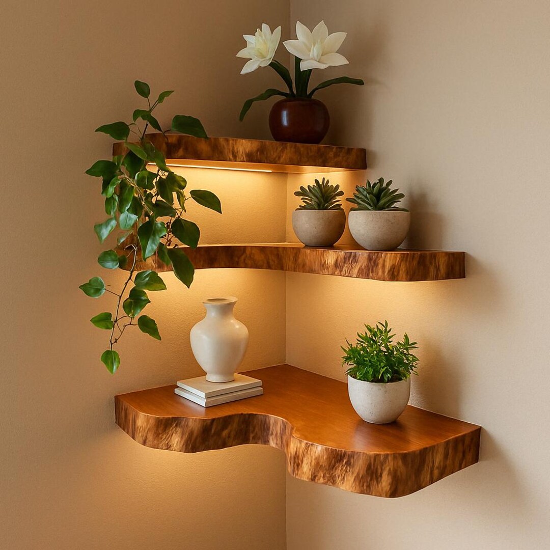 Corner Floating Shelf With Live Edge – Rustic Wall-mounted Wood Decor ...