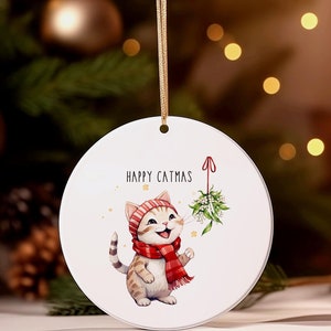 Cute Cat Christmas Ornament &quot;Happy Catmas&quot;, Funny Gift for Cat Lovers, Tabby Cat Merry Christmas Mistletoe, Cat Person Gift