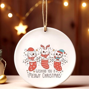 Cats Stocking Christmas Ornament &quot;Wishing You a Meowy Christmas&quot;, Funny Gift for Cat Lovers, Cat Person Gifts, White Kittens, Kitties