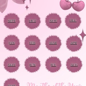 May include: A pink and white calendar design with the text "Months of the Year". Each month is displayed on a fluffy, mauve-coloured circle. Decorative elements include a bow, cherries, and star shapes.