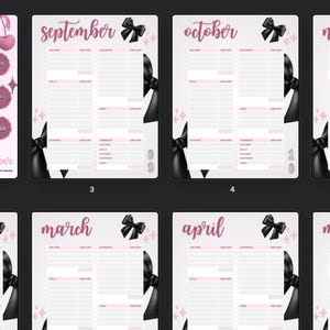 May include: A pink and white monthly budget planner with the text "I'M LITERALLY JUST A GIRL". The planner includes pages for each month, with a black bow graphic and pink accents. The months are labeled from January to December.