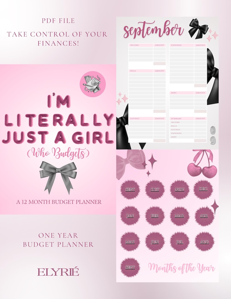 May include: A pink and white budget planner PDF file with the text "I'M LITERALLY JUST A GIRL (Who Budgets)". Includes a monthly calendar, expense trackers, and the text "Take Control of Your Finances!" and "One Year Budget Planner".