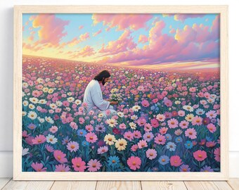 Divine Florals: Cyfrowy wydruk artystyczny Jezusa, Malarstwo religijne, Jezus Chrystus zbierający kwiaty, Chrześcijański prezent artystyczny, Chrześcijańska nowoczesna sztuka ścienna