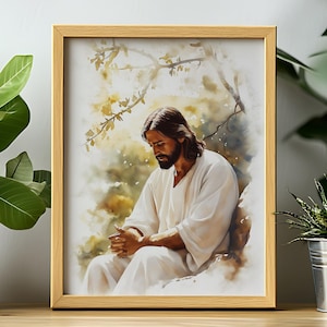 Jesus Christ Picture Portrait Painting, Jesus Praying in the Garden of Gethsemane, Modern Christian Wall Art, Religious Décor, Digital Print
