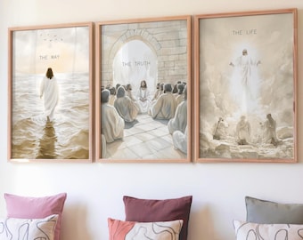 The Way The Truth The Life Wall Art Set of 3, Christian Scripture Prints, John 14:6 Bible Verse, Modern Faith Home Decor, Digital Download