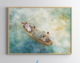 Fishers of Men Art, Matthew 4:19, Jesus Christ Wall Art, Jesus and the Miraculous Catch of Fish, Jesus Water Color Art, Digital Download