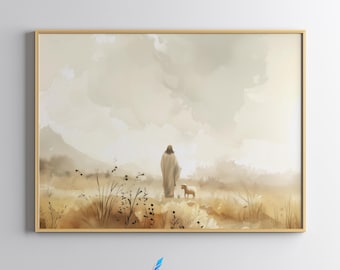 Jesus and the Lamb, Jesus leaves the 99, LDS Painting, Jesus Christ Water Color, Bible Verse Wall Art, Jesus Poster, Digital Download