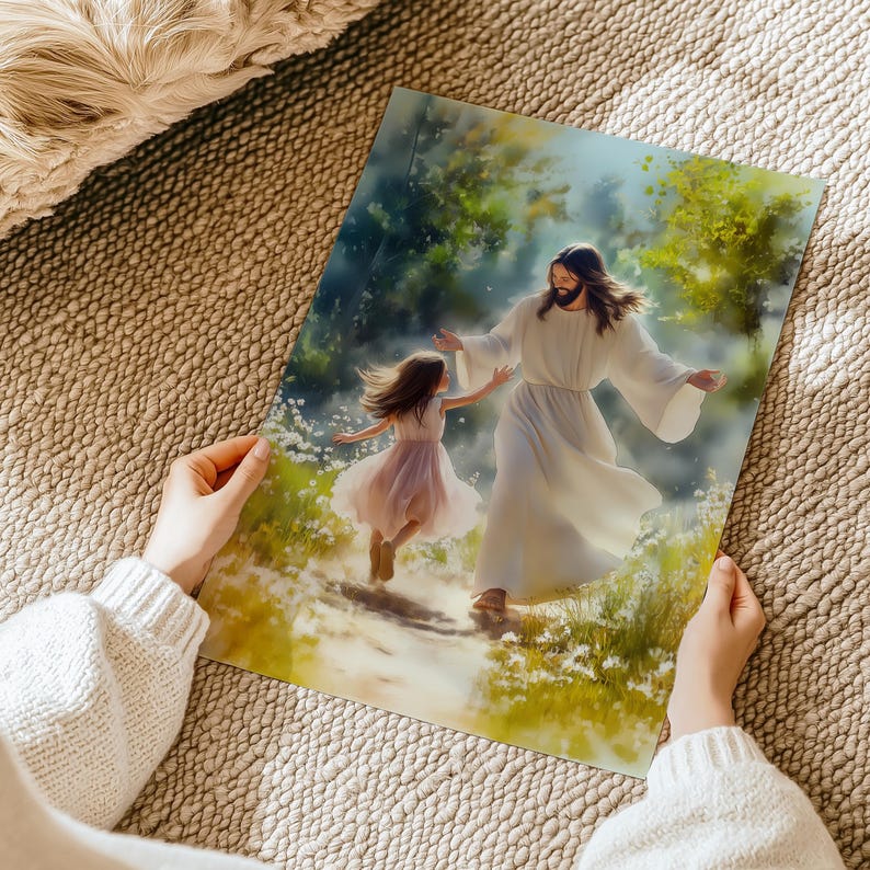 May include: A print showing a figure in a white robe with long brown hair and a beard, extending a hand towards a young girl in a pink dress. The background includes a path, flowers, and trees.
