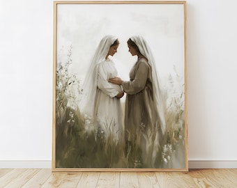 The Visitation of Mary, Mary and Elizabeth Painting Art Print, Mother's Day Gift, Expectant Mother, Hail Mary, Bible Christian Art Printable