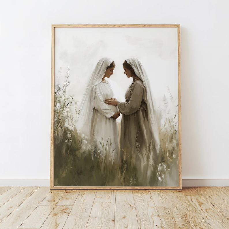 May include: A painting of two women standing in a field of tall grass. The woman on the left is wearing a white dress and veil, and she is holding her stomach. The woman on the right is wearing a brown dress and veil. The painting is done in a soft, muted palette.