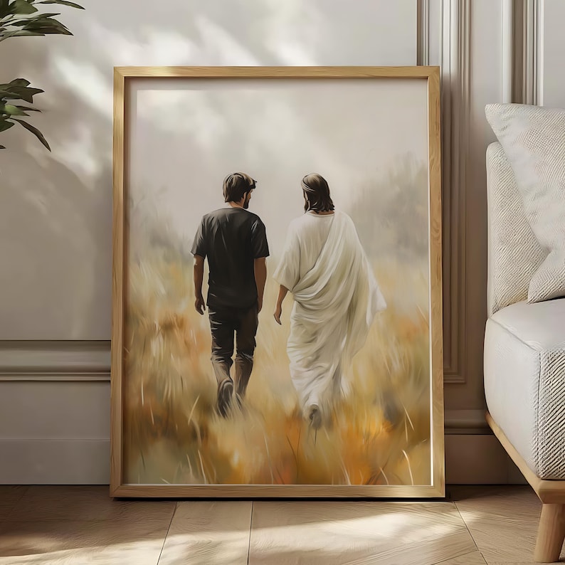 May include: A painting of two figures walking through a field of tall grass. The figure in the front is wearing a white robe and the figure in the back is wearing a black shirt and pants.