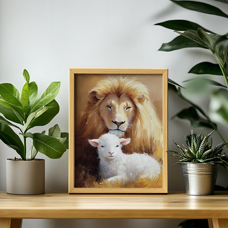 May include: A framed painting of a lion and a lamb. The lion has a gentle expression and is looking at the lamb. The lamb is white and is lying on the ground. The painting is set against a brown background.