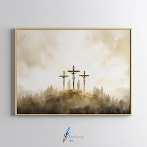 Op de afbeelding: Een schilderij dat drie figuren op kruisen tegen een bewolkte lucht toont. De figuren zijn gesilhouetteerd tegen het licht, en de sc&egrave;ne is geschilderd in gedempte tinten bruin en beige.