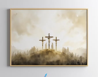 Crucifixion of Jesus Christ, Jesus Christ on the Cross Watercolor Painting, Landscape Christian Wall Art Printable, Good Friday, Calvary