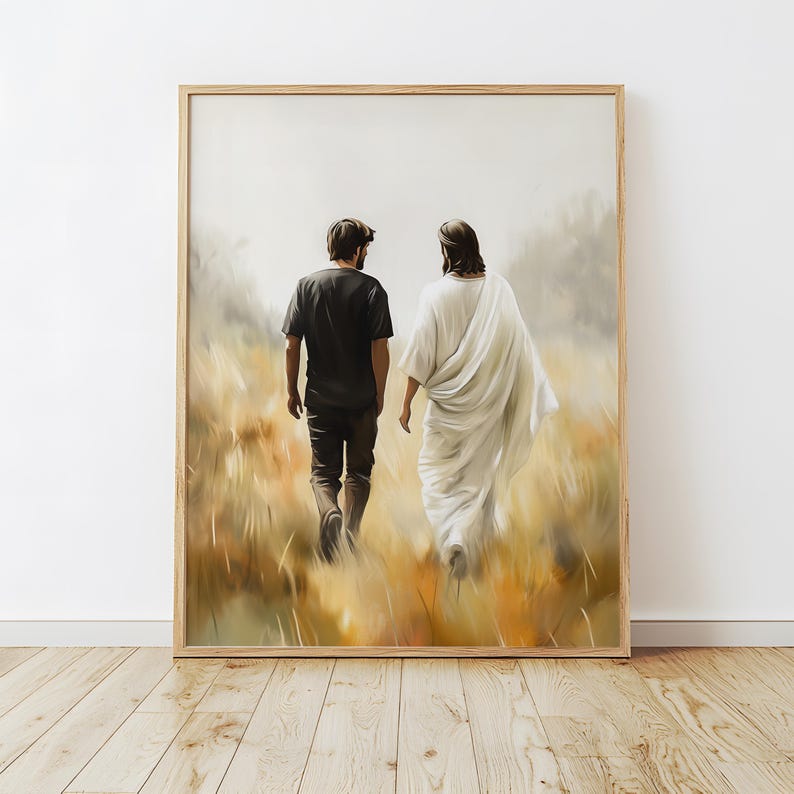 May include: A painting of two figures walking through a field of tall grass. The figure in the front is wearing a white robe and the figure in the back is wearing a black shirt and pants.