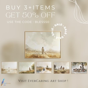 May include: A display of framed art prints with a religious theme. The main print shows a figure walking with a dog in a field. The text reads "BUY 3+ ITEMS GET 50% OFF" and "VISIT EVERCARING ART SHOP!"