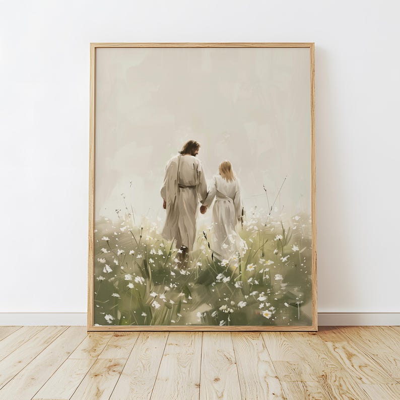 Walk With Me Jesus, Jezus spacerujący z kobietą Sztuka ścienna, Nowoczesna sztuka chrześcijańska, Malarstwo LDS, Obraz Jezusa, Malarstwo biblijne, Wydruk cyfrowy zdjęcie 1