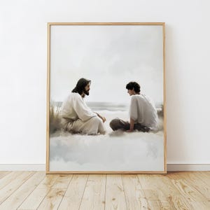 Talking to Jesus Christ, Jesus and Man Art, Christian LDS Art, Picture of Jesus, Peaceful Seascape with Lord, Bible Faith Art, Digital Print