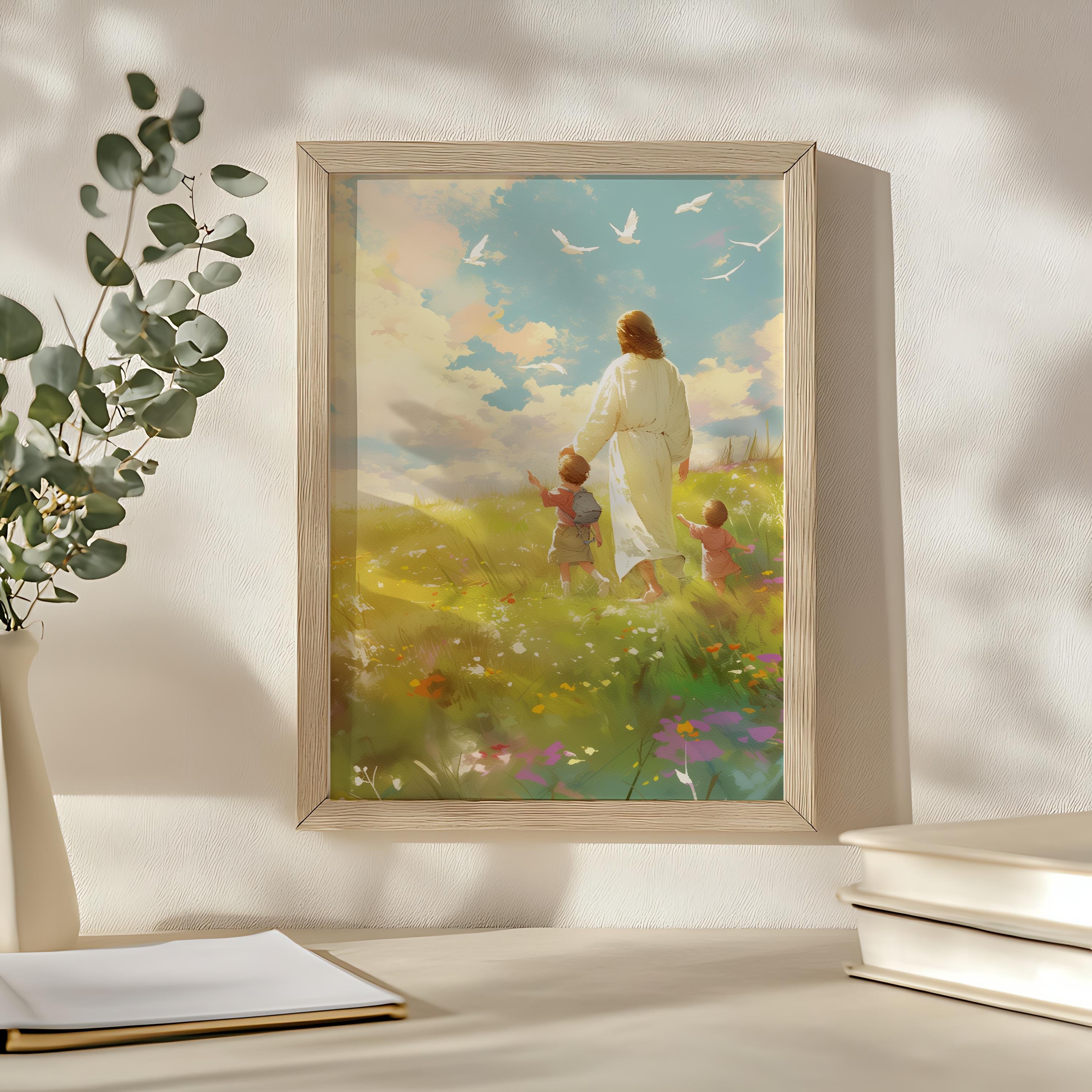 Jesus Walking With Children, Christian Painting, Bible Verse Wall Art ...