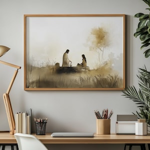 May include: A watercolor painting of a man and a woman sitting by a well. The man is wearing a long robe and the woman is wearing a long dress. The painting is set against a background of a field and a tree.