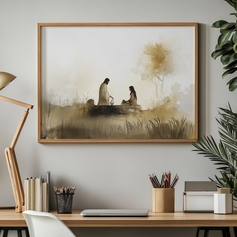 May include: A watercolor painting of a man and a woman sitting by a well. The man is wearing a long robe and the woman is wearing a long dress. The painting is set against a background of a field and a tree.