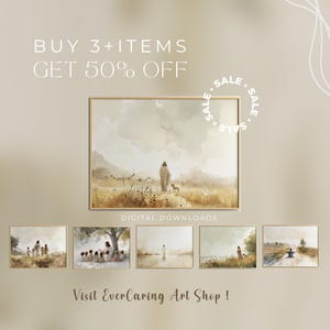 Op de afbeelding: Een digitale download-uitverkoop voor christelijke kunstprints. De afbeelding toont een aquarel van Jezus die met een schaap over een veld loopt. De tekst luidt "KOOP 3+ ARTIKELEN, KRIJG 50% KORTING".