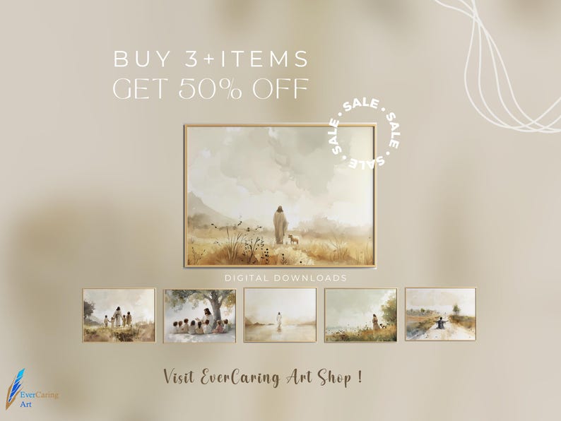 Op de afbeelding: Een digitale download-uitverkoop voor christelijke kunstprints. De afbeelding toont een aquarel van Jezus die met een schaap over een veld loopt. De tekst luidt "KOOP 3+ ARTIKELEN, KRIJG 50% KORTING".