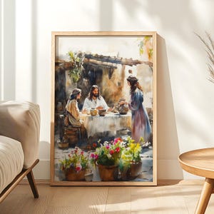 May include: A watercolor painting depicting a scene of Jesus and two disciples. Jesus is seated at a table with a woman standing nearby. The woman is holding a pitcher and pouring water into a bowl. The scene is set in a rustic outdoor setting with a stone wall and plants in the background.
