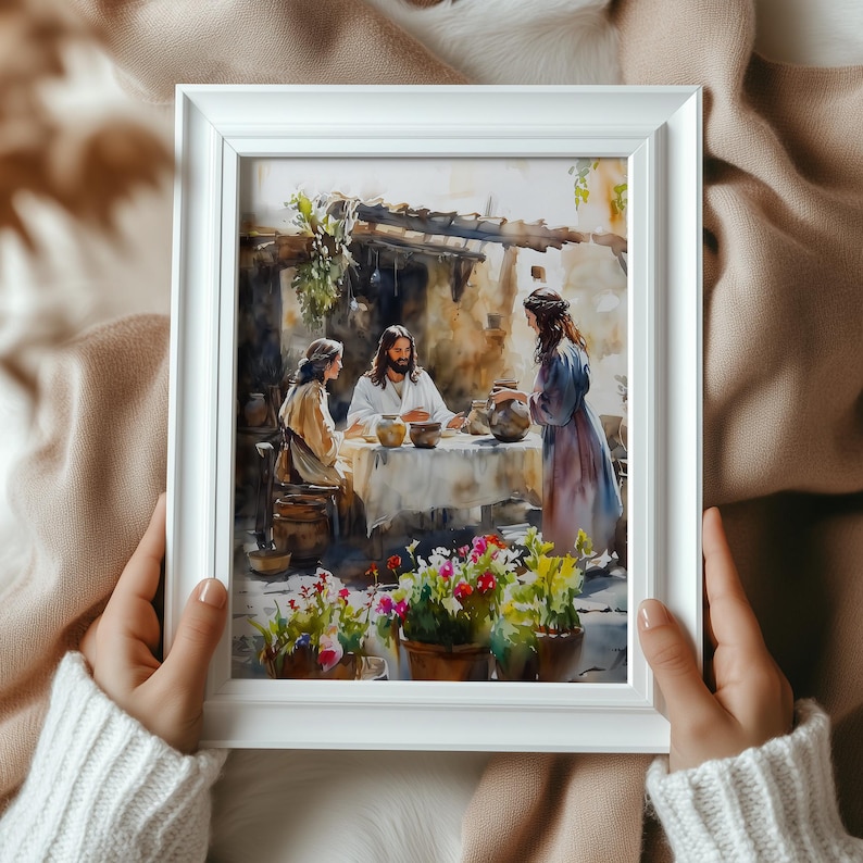 May include: A watercolor painting depicting three people sitting at a table in a rustic setting. The people are dressed in simple clothing and are sharing a meal. The painting is framed in a white frame.