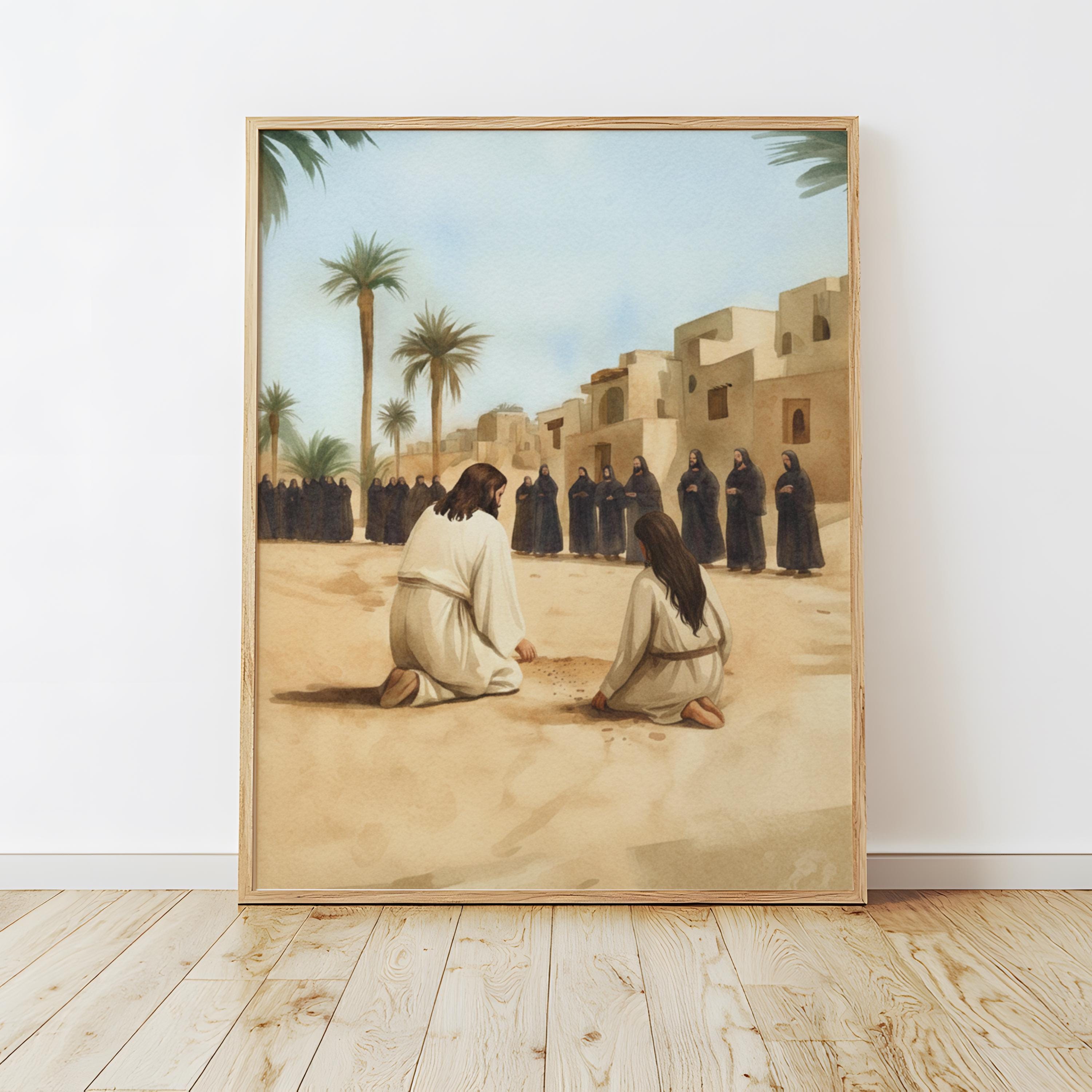 Jesus Writing in the Sand, Woman Caught in Adultery Art, Bible Mercy Decor, Christian ...