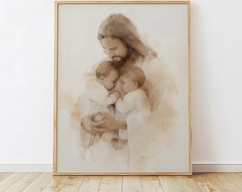 Gesù e i gemelli, memoriale cristiano per aborto spontaneo, neonato, confortante arte digitale murale, stampabile a tema religioso, decorazioni religiose per la cameretta dei bambini