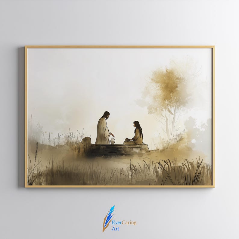 May include: A watercolor painting depicting a man and a woman sitting by a well. The man is wearing a long robe and the woman is wearing a long dress. The background is a soft brown and beige.
