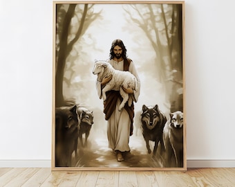 Jesús salva al cordero de los lobos, Cristo Salvador, ilustraciones de Jesús y el cordero, arte decorativo de pintura religiosa, arte mural bíblico, descarga digital