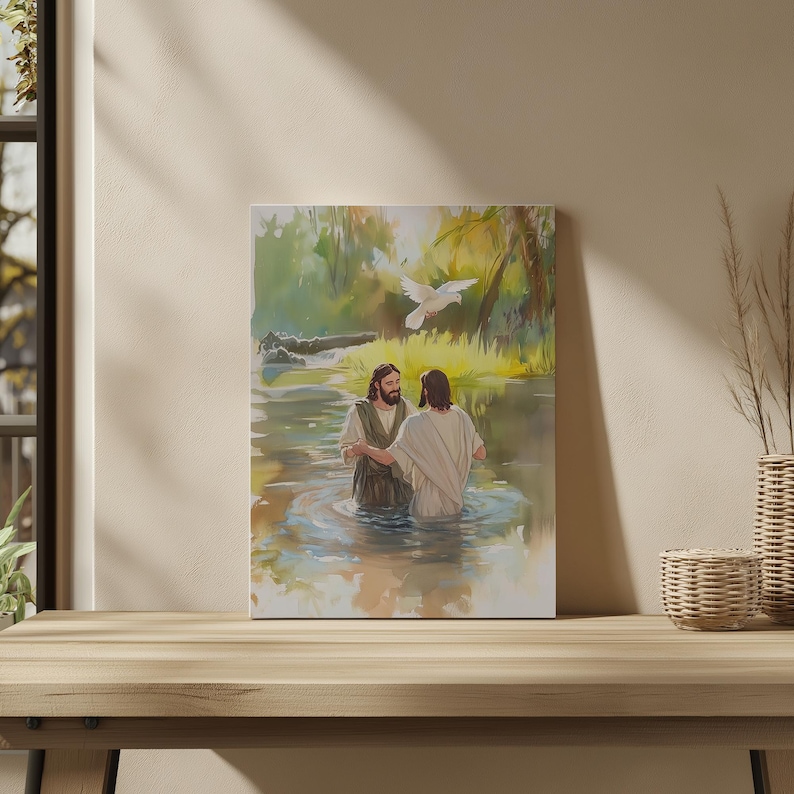 May include: A painting depicting a scene of baptism in a river. Two figures, dressed in white robes, stand in the water. A white dove flies overhead. The scene is set in a lush green forest with a bright blue sky.