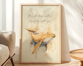 Jesaja 43: 2, Jona und der Wal Schriftdruck, Christian Ocean Decor, Tiefsee Bibelvers, Kinderzimmer Wandkunst, Digital Faith Download