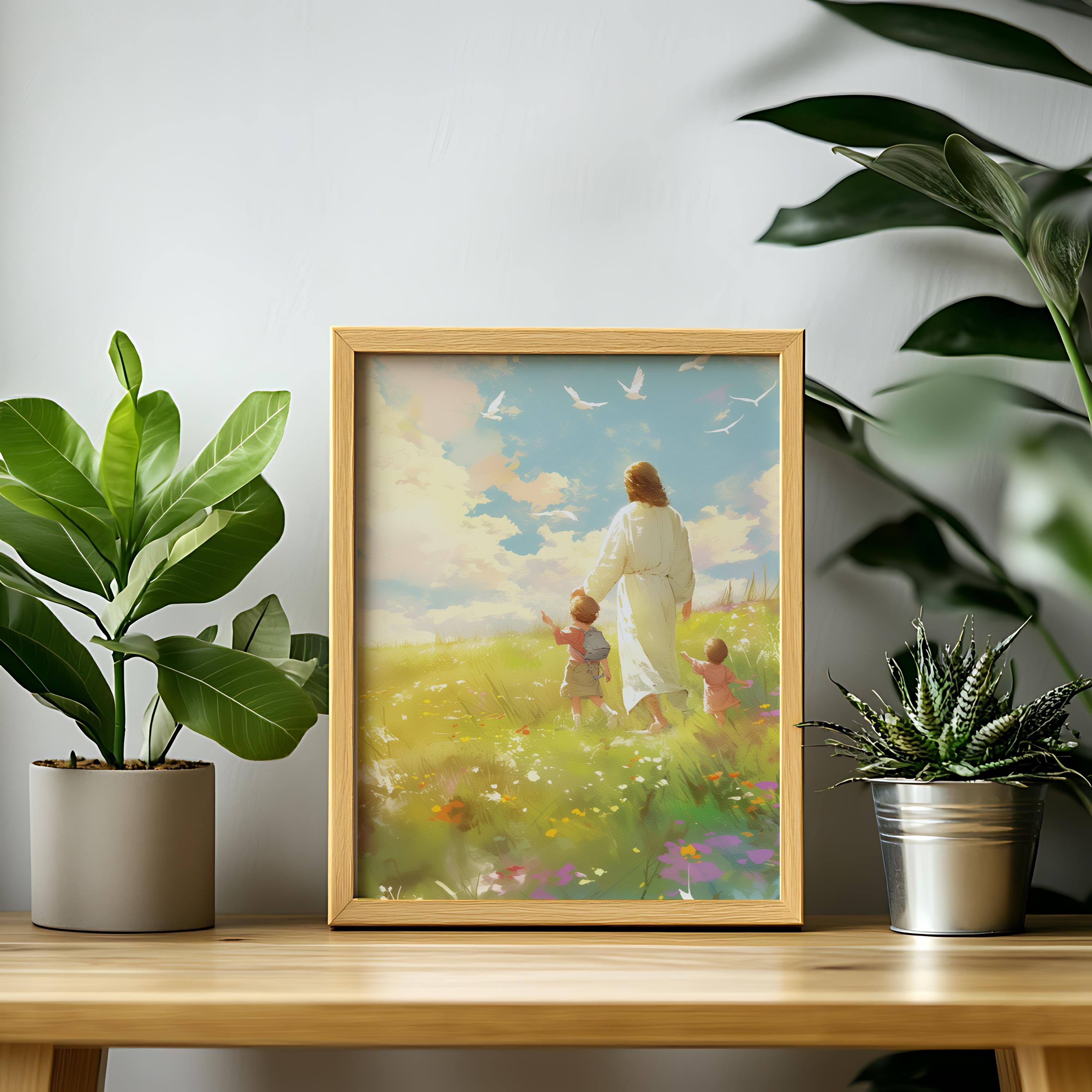 Jesus Walking With Children, Christian Painting, Bible Verse Wall Art ...