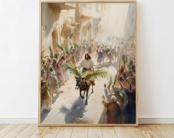 Hosanna! Jezus rijdt Jeruzalem binnen, Palmzondag Goede week Art Print, Jezus Christus rijdt op een ezel, Jezuskunstwerk, Pasen, digitale print