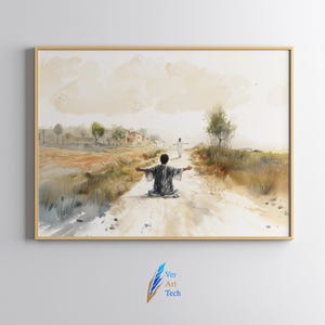 Op de afbeelding: Een aquarel schilderij dat een persoon met uitgestrekte armen laat zien die op een zandweg naar een andere persoon loopt. De scène speelt zich af in een landelijk landschap met bomen en huizen op de achtergrond.