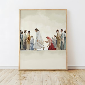 Woman Touches Jesus Hem, Jesus Christ Heals a Bleeding Woman, Faith Based Art, Christian Abstract, Modern Christian Art, Digital Download