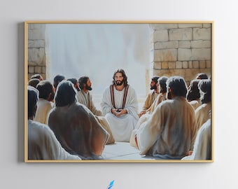 Jesus Christ in the Temple, Jesus Teaching Art, Jesus Portrait Printable, Sermon on the mount, Modern Christian Wall Art Gift, Digital Print