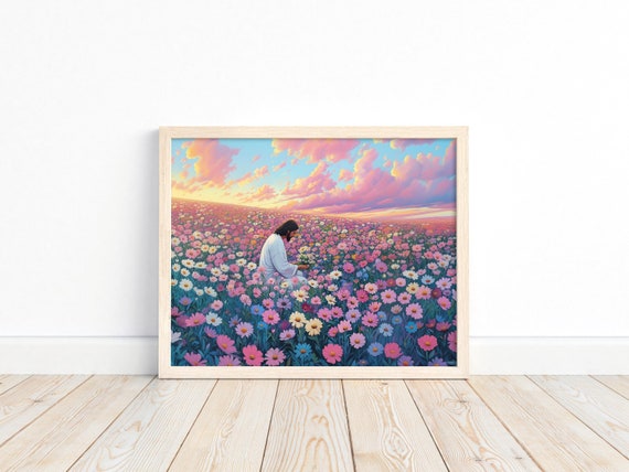 Divine Florals: Jesus Digital Art Print, Religious Painting, Jesus Christ Picking Flowers, Christian Art Gift, Christian Modern Wall Art