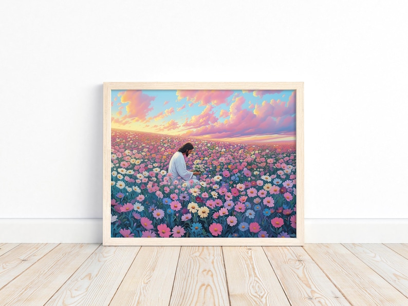 May include: A painting of a man in a white robe kneeling in a field of pink, white, and blue flowers. The sky is a soft pink and blue with clouds.