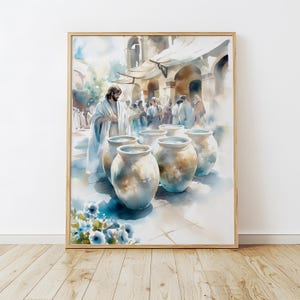 Wedding at Cana, Jesus&#39; First Miracle, Water into Wine Bible Story, Jesus Watercolor Painting Art, Christian Abstract Art, Digital Download