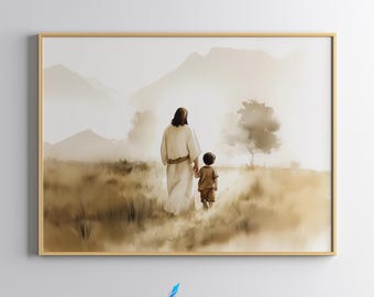Jesus and Little Boy Walking, Jesus Christ Watercolor Art Landscape, Jesus and Children Art, LDS Art, Christian Home Décor, Digital Download