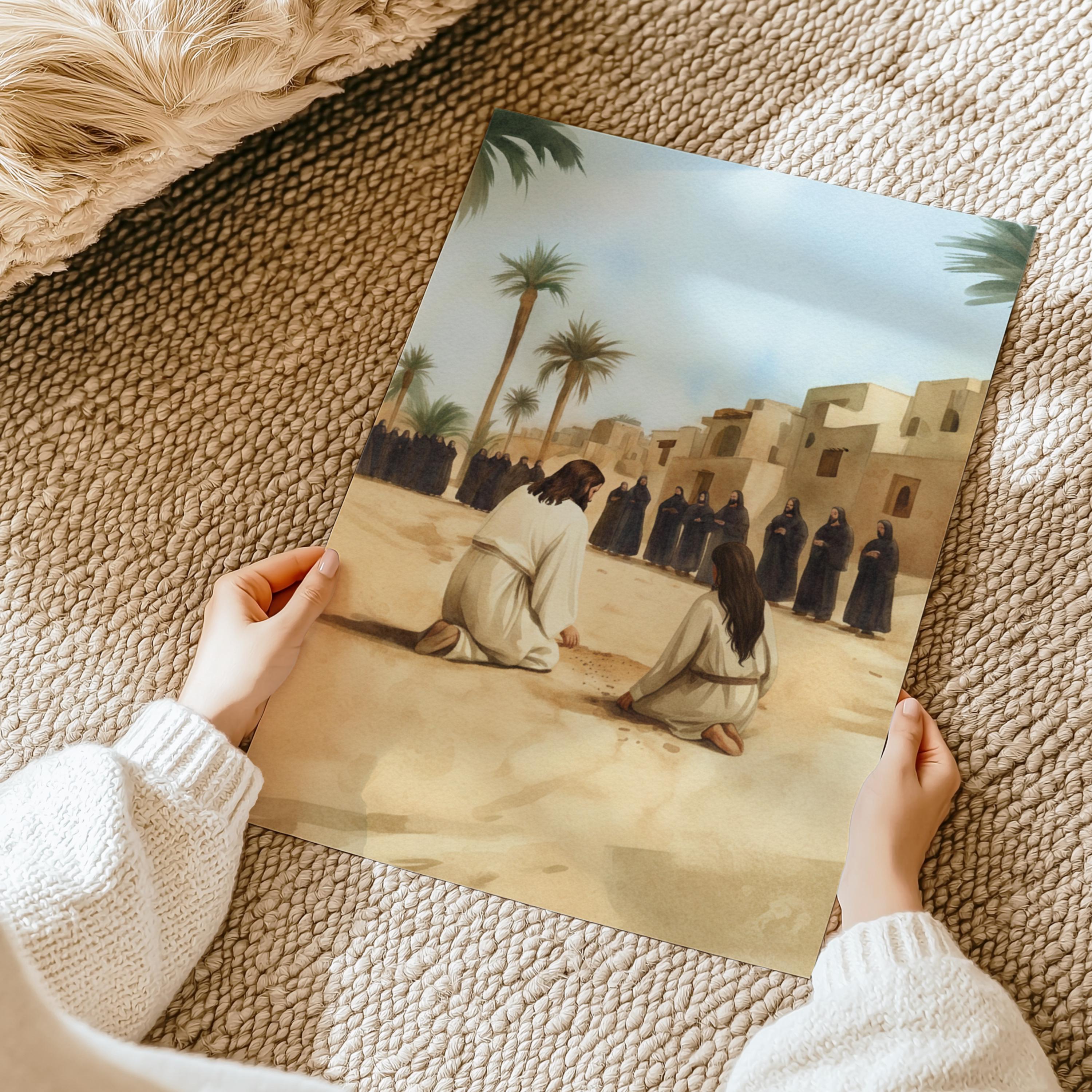 Write On Mercy Jesus Writing in the Sand, Woman Caught in Adultery Art, Bible Mercy ...
