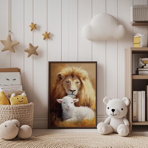May include: A painting of a lion and a lamb, with the lion gently resting its head on the lamb. The lion is brown and white, and the lamb is white. The painting is set against a brown background.